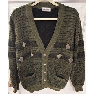 Vintage John Peter Wool Cardigan Green With Suede Measures Men Large Grandpa Dad